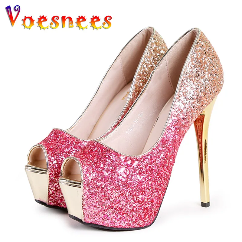 Fashion Sequin Fish Mouth High Heels With Gradient Color Trend Women\'s Shoes European And American Sexy Thin Heels Single Pumps