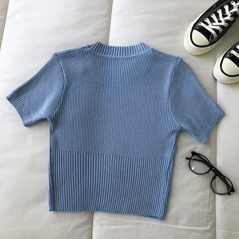 Donne Y2K o-collo Solid Casual t-shirt Slim Knit manica corta ufficio Pullover camicie Streetwear Rib Crop top donna 2024 estate