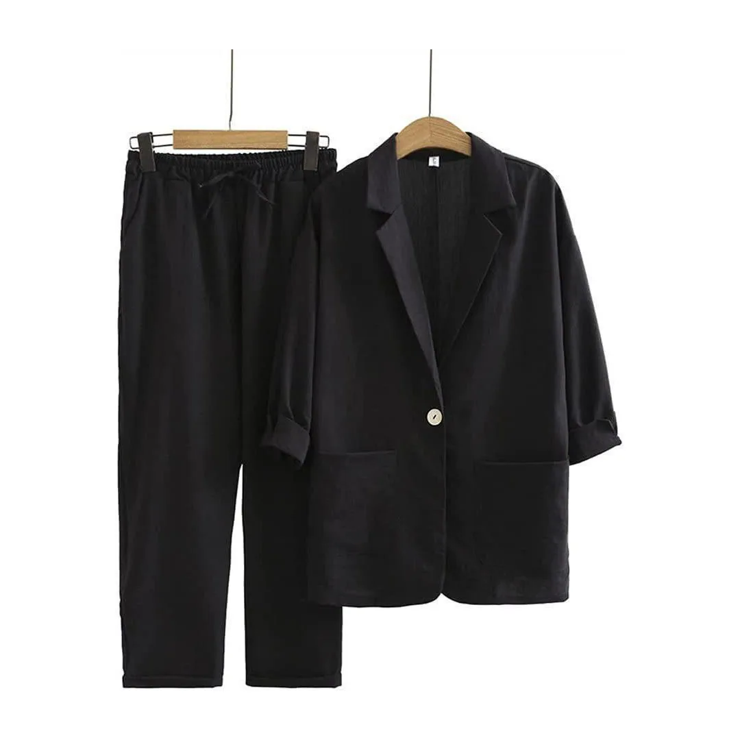 Conjunto Casual de Algodão e Linho com Manga Longa, Estilo Solto e Elegante, em Cores Sólidas para Primavera e Outono