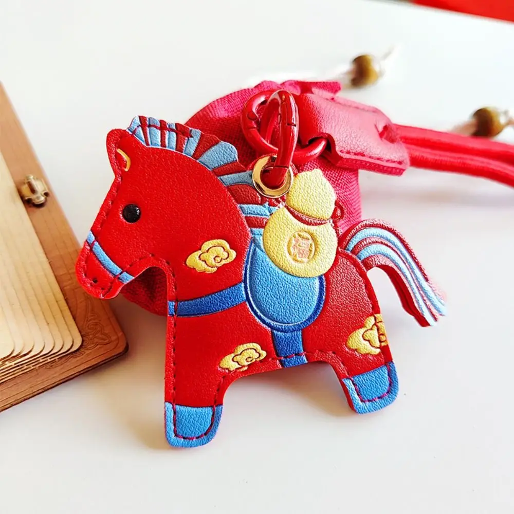Cartoon Horse Keychain Leather Access Control Card Holder Zodiac Pony Bag Hanging Year of Horse Horse Ornament Horse Pendant