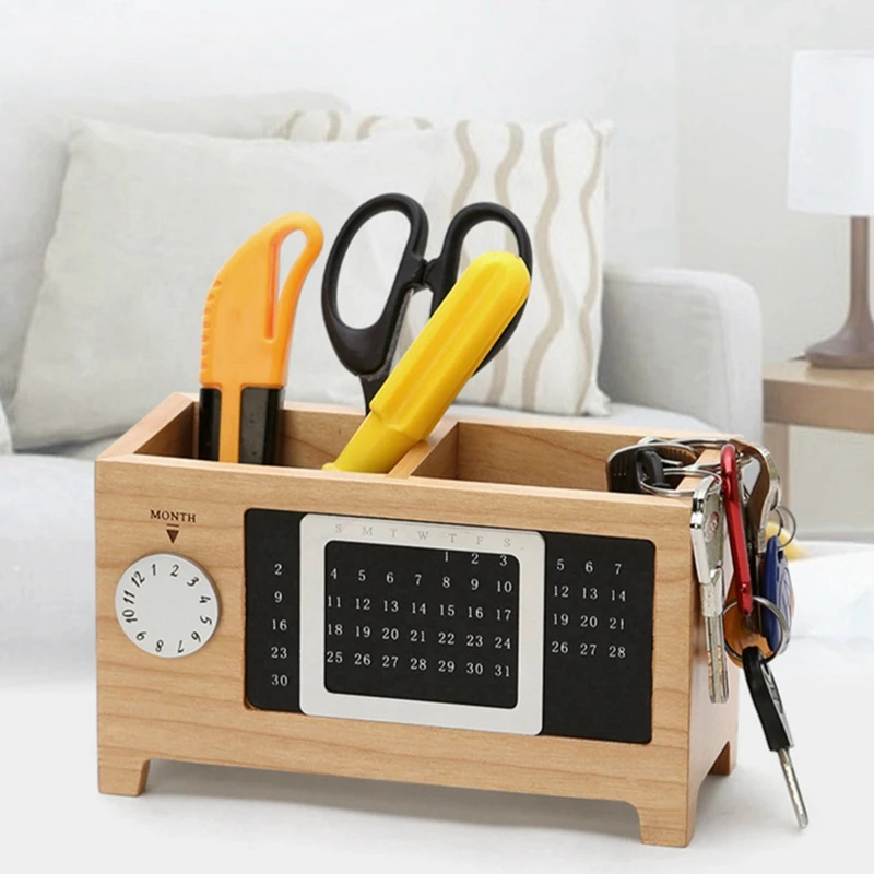 Calendar Pen Holder Multifunctional Desktop Office Storage Box Office Desktop Ornaments Maple Wood Storage Box Easy To Use