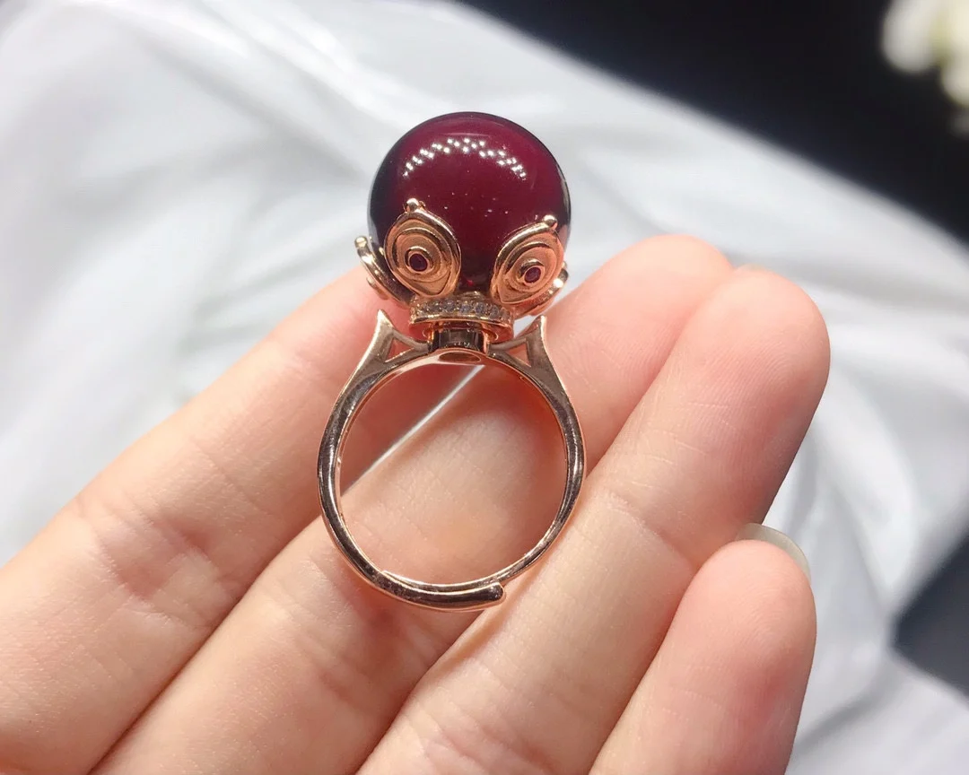 

Women's Blood Amber Ring17mm Round Adjustable Sterling Silver Rose Gold Plated Floral Edge Inlaid Natural Baltic Amber Love Gift