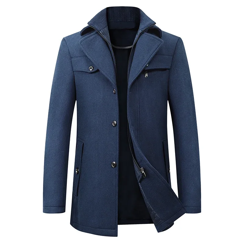 

2023 Winter Men's Woolen Windbreaker Coat New Solid Color Single Breasted Trench Slim Fit Business Casual Wool Jacket Blends