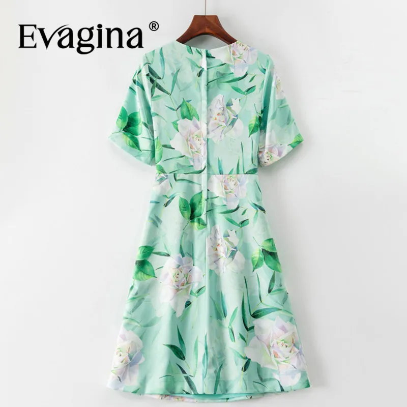 Evagina New Design Summer Women's Dress Short Sleeved Chic Print Splicing Streetwear Green A-Line Dresses