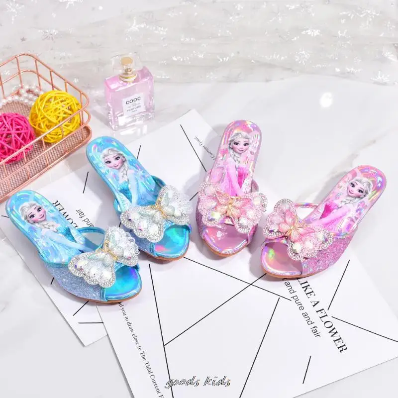 Disney Girls Summer Sandals Slipper Sequined Princesse Children High Heel Party Dress Elsa Shoes Leather Slipper For Girls Gift