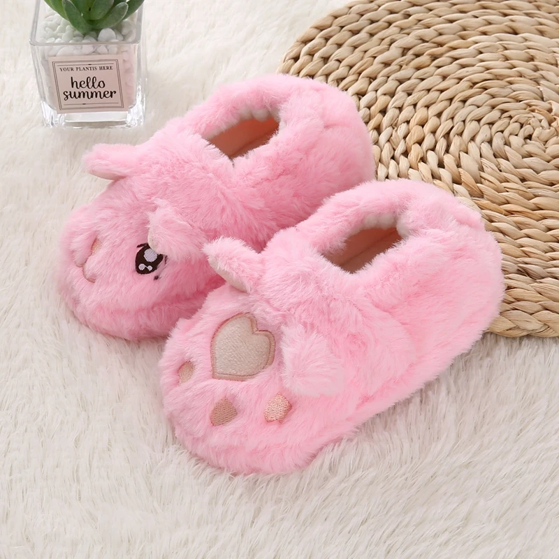 Toddler Winter Slippers for Girl Baby Items Indoor Plush Warm Cartoon Cat Paw Kid Boy House Footwear Soft Rubber Sole Home Shoes