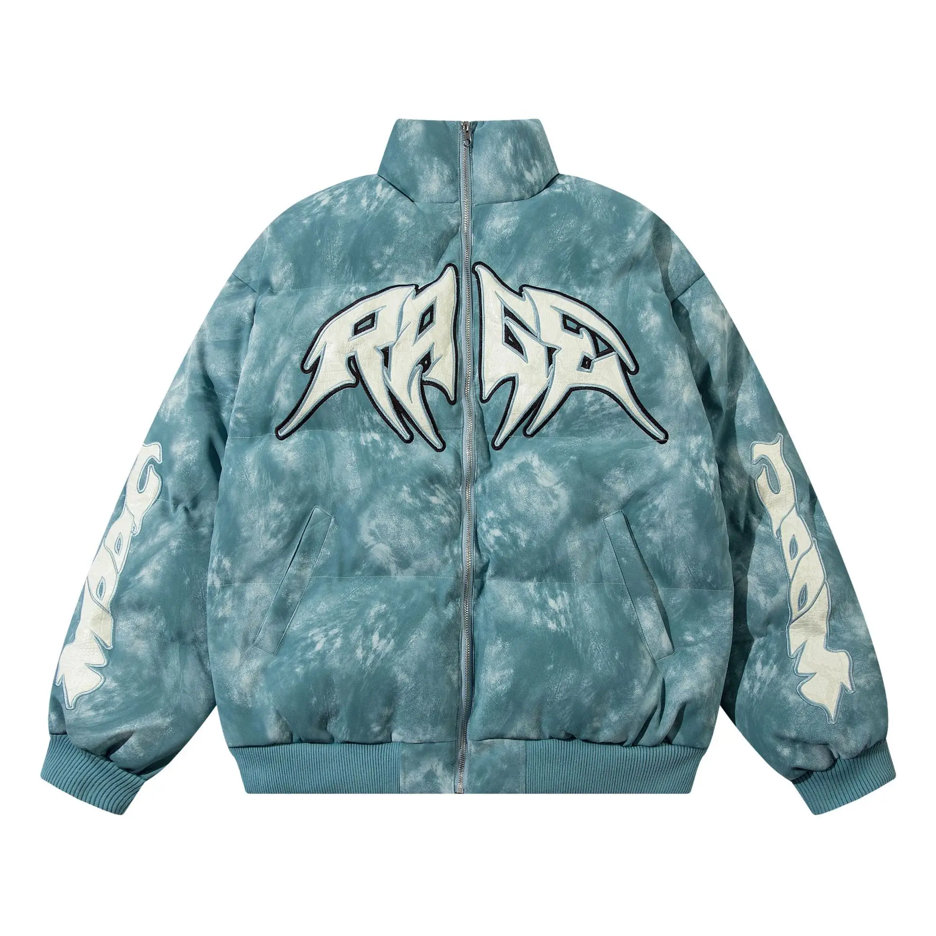 

Wash Patchwork Embroidery Men's Puffer Jackets, Hiphop Mans Faux Leather Jacket, Y2k Oversized Womans Winter Parkas
