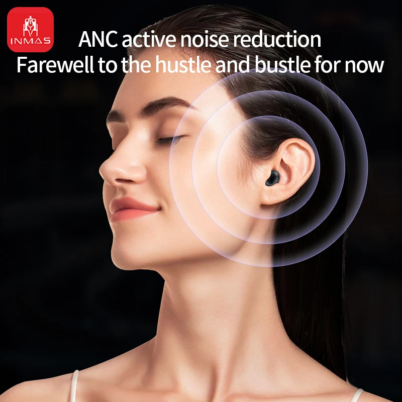 INMAS S09 ANC Earphone Bluetooth nirkabel, Headphone nirkabel pembatal kebisingan aktif layar sentuh mendukung kartu TF untuk Android iOS