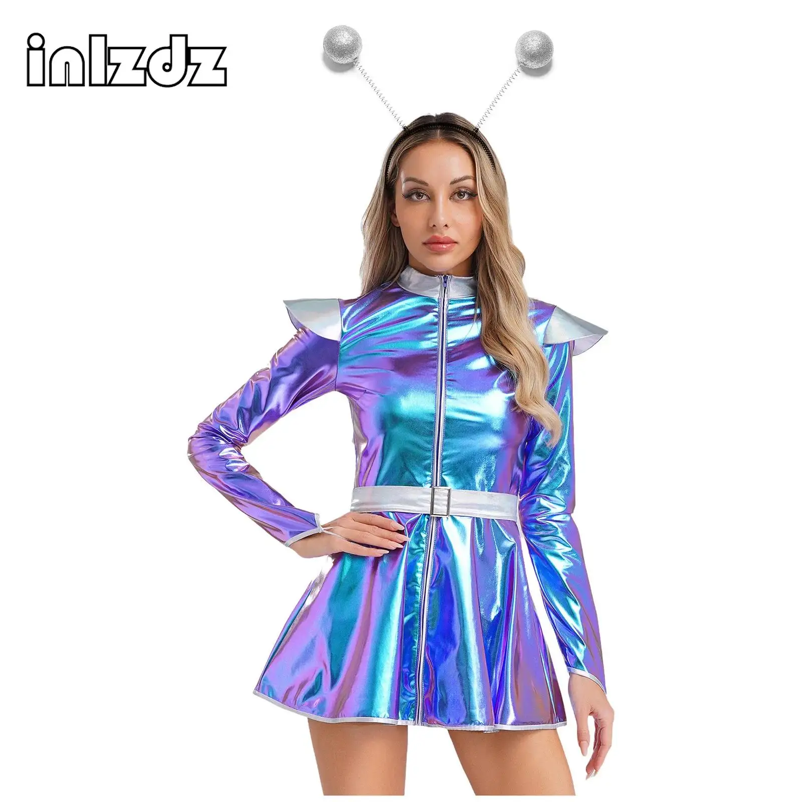 

Women Outerspace Alien Astronaut Cosplay Costume Long Sleeve Metallic A-line Dress with Hair Hoop for Festival Club Themed Party