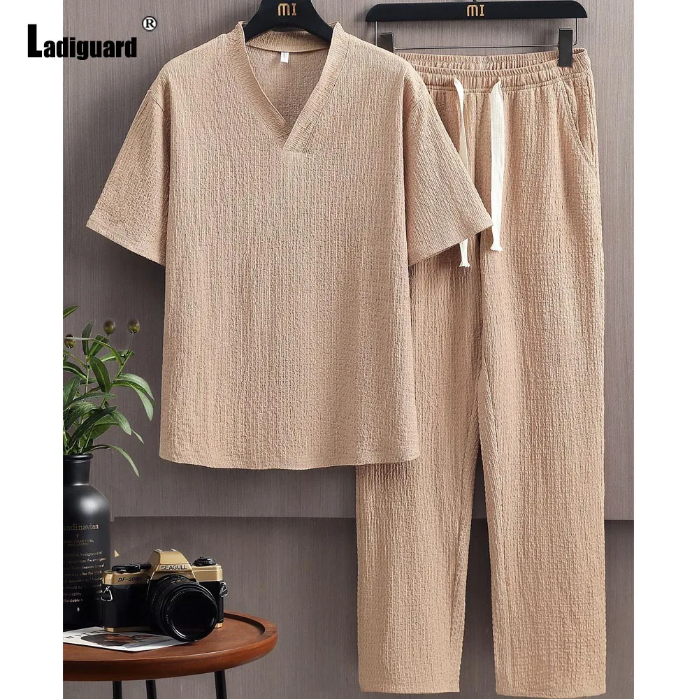 

Mens Casual Board Two Piece Sets 2025 Europe Style Fashion V-neck Shirts and Drawstring Pants Co-ords Men Beach Tracksuits Set
