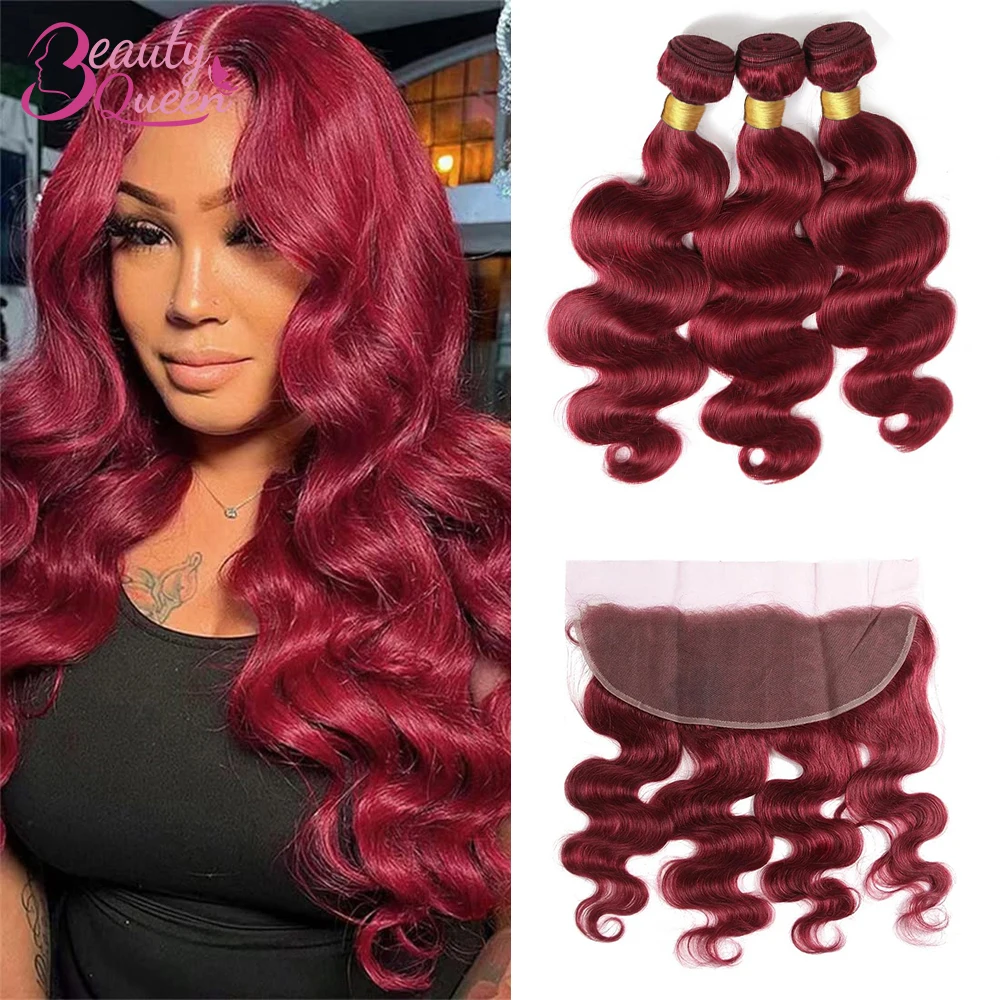 

99J Body Wave Bundles With Closure Burgundy Red Human Hair Bundles With Frontal 13x4 Lace Colored Brazilian Hair Weave 3 Bundles