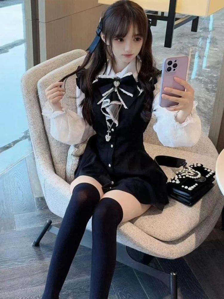 

Sweet Kawaii Japanese Lolita Bow Dress Patchwork Lace Fake Two Piece Slim Waist Dresses Women Y2k Fairy Fashion Vestido De Mujer