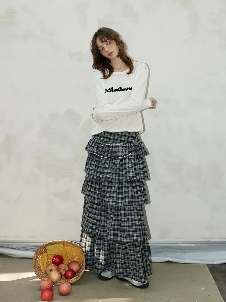 BMLT Autumn New Plaid Cake Skirt High Waist Puffy Half-length Vintage Long Skirt Women's High Waist Polyester Blend Skirt