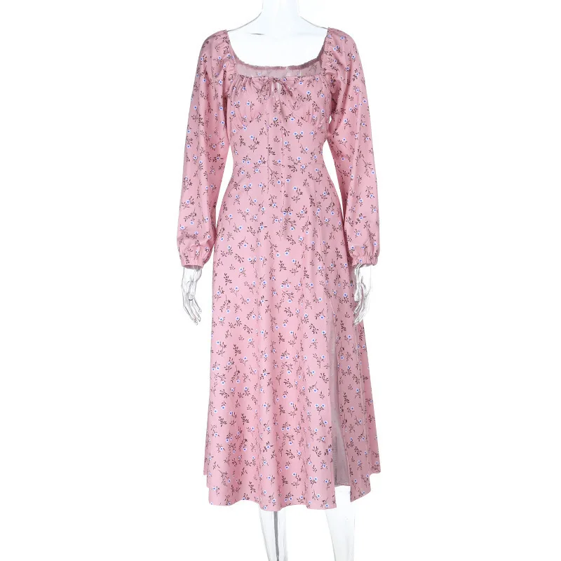 YL25263 Abito lungo da ragazza calda con scollo quadrato stampato e spacco sexy floreale stile vacanza francese