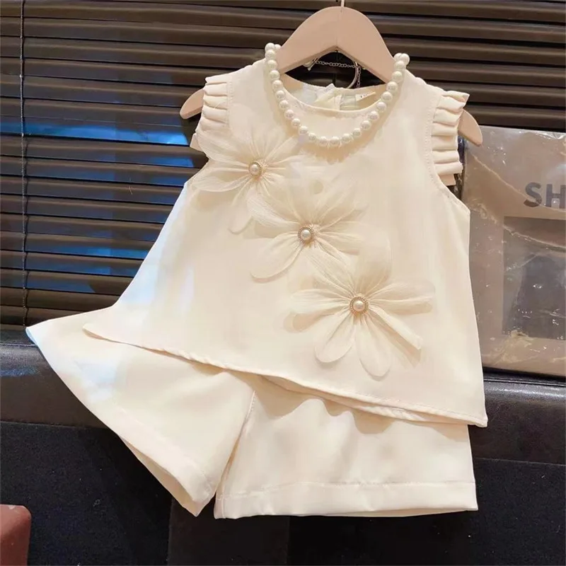 3-7-years-old-summer-girls-clothes-solid-color-3d-flower-decoration-sleeveless-top-shorts-2-piece-set-casual-children's-clothing