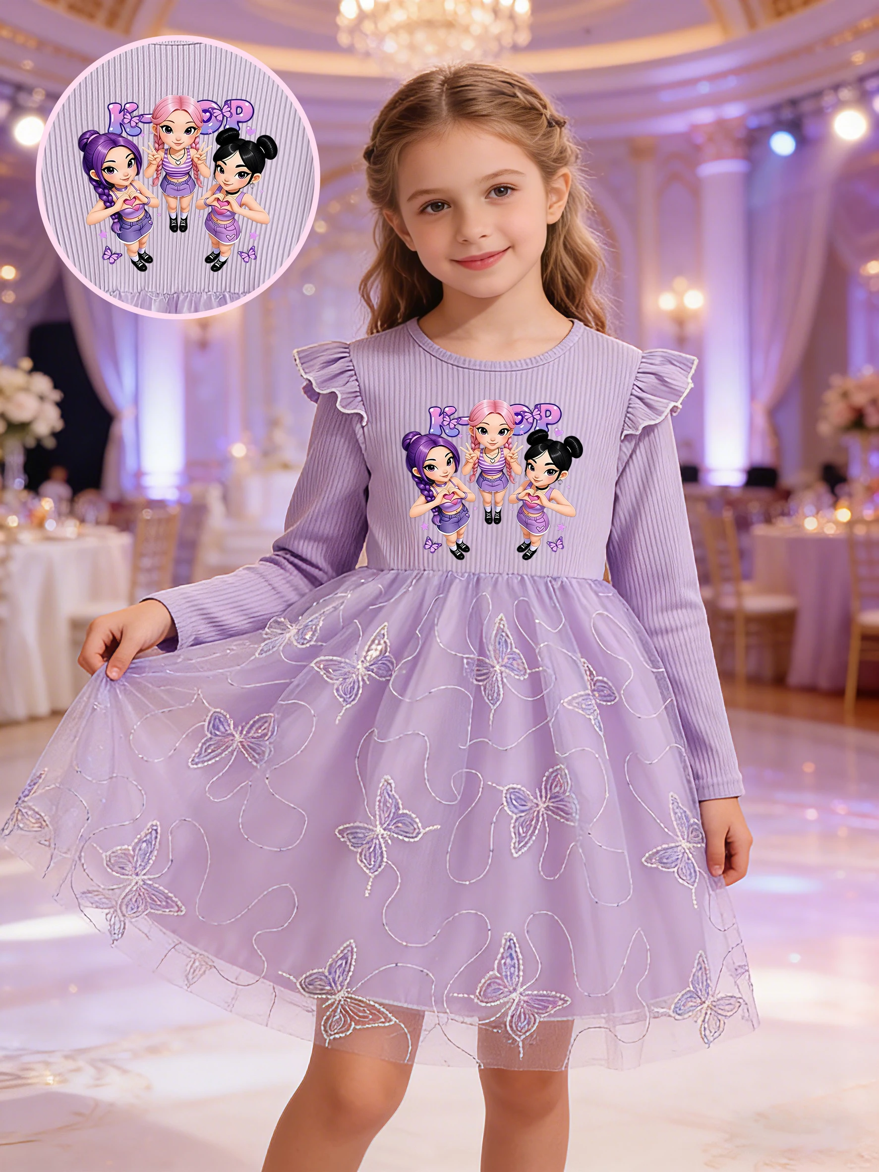 Mädchenkleid im Ins-Stil, geripptes Oberteil mit Flatterärmeln + bestickter Tüllrock mit Schmetterlingsmotiv – Detail 1
