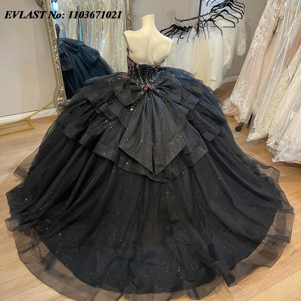 EVLAST Maßgeschneidertes schwarzes Quinnceanera-Kleid, Ballkleid, Spitze, Perlenstickerei, abgestuftes Korsett, Sweet 16, Vestidos de 15 Anos SQ681