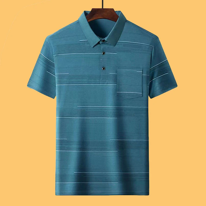 Polo con estampado de moda para hombre, camiseta informal de manga corta, holgada, de seda de hielo, con botón y bolsillo, cómoda y transpirable