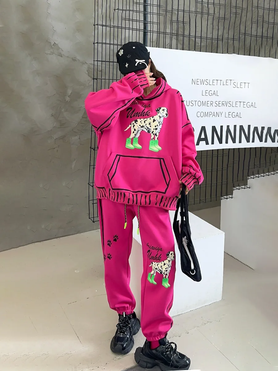 Graffiti Cartoon Dog Oversized Hooded Sweatshirt 2 Piece Sets Womens Casual Pants Sets Y2k Clothes 2024 Autumn Sportwear Femme