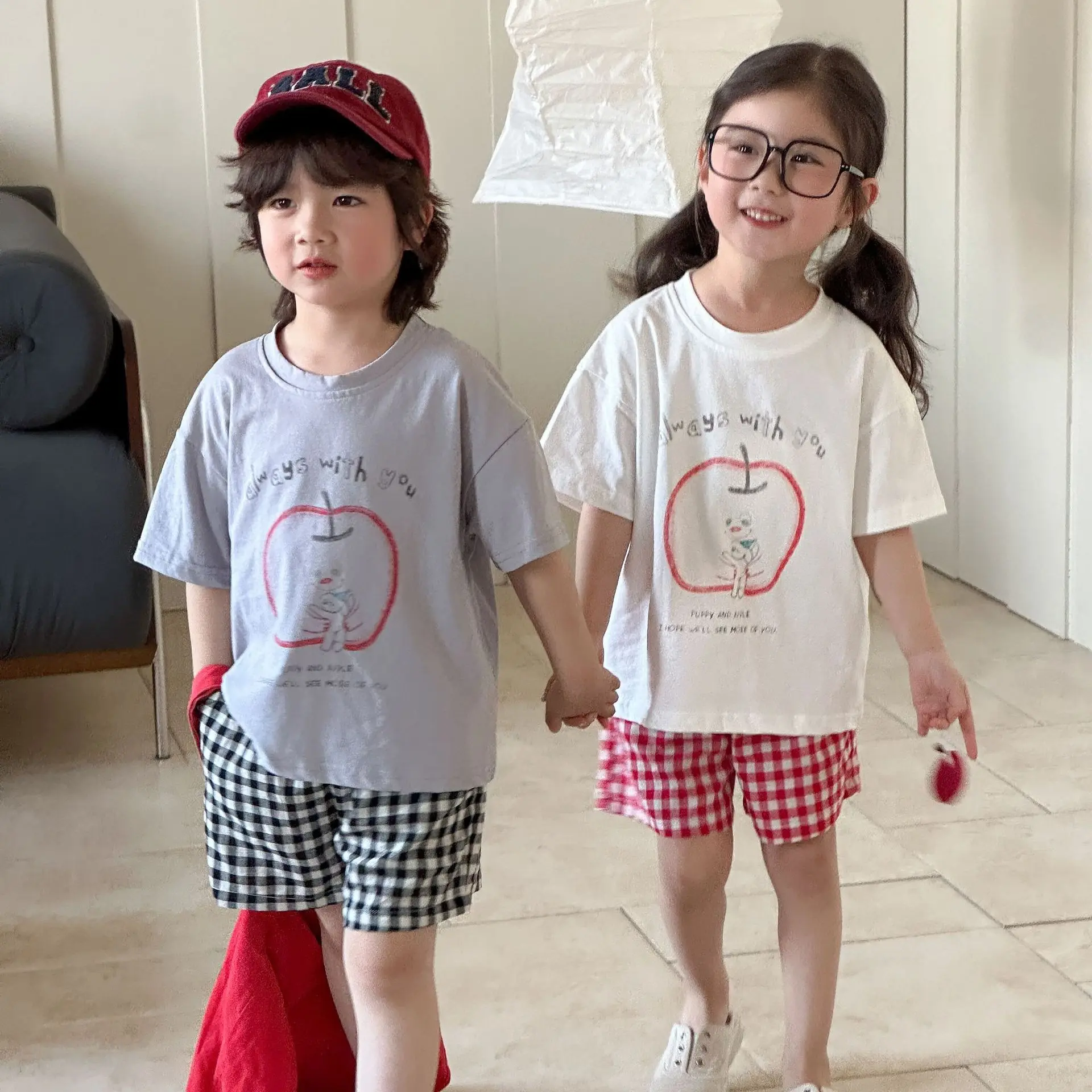 Children Summer Casual Sets Boys and Girls Apple Print O-neck Short Sleeve T-shirt +Red Black Plaid Shorts Kids Clothing