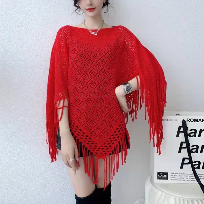 Spring Autumn New Pullover Cape Women Hollow flower Knitting Poncho Capes Batwing Sleeves Shawls Sunscreen Solid Cloak Red