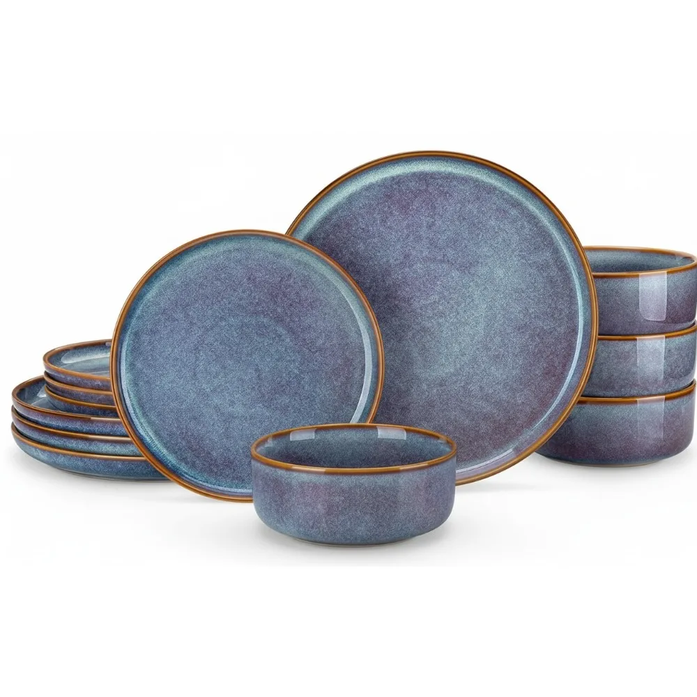 

12-Piece Grey-Blue Dinnerware Set for 4, Reactive Glaze Plates & Bowls, Dishwasher & Microwave Safe