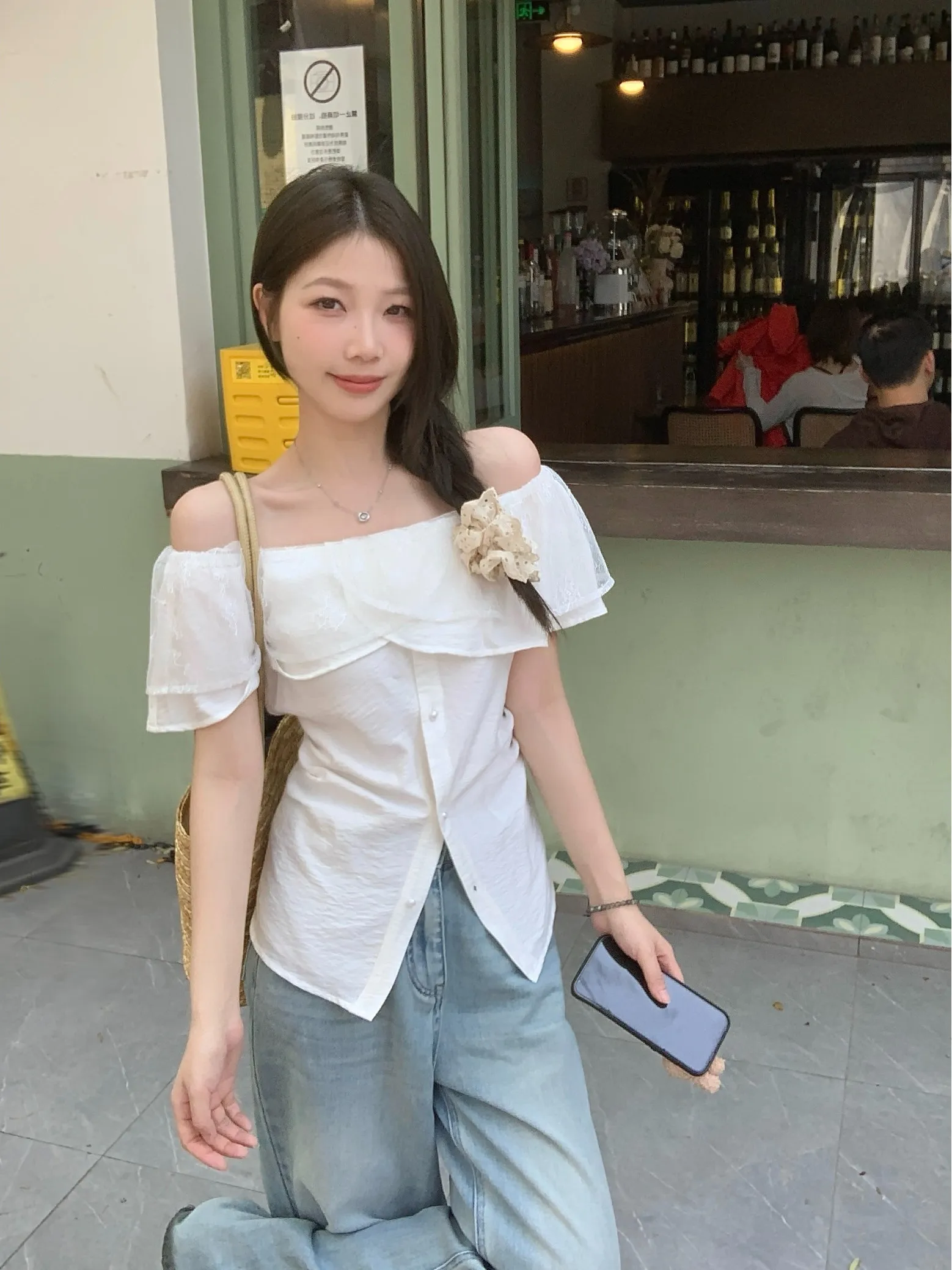 

plus Size Lace Short Sleeve Shirt One Shoulder Pleated Slimming Versatile Design Korean Style Commute Wind Straight Tube Shirt