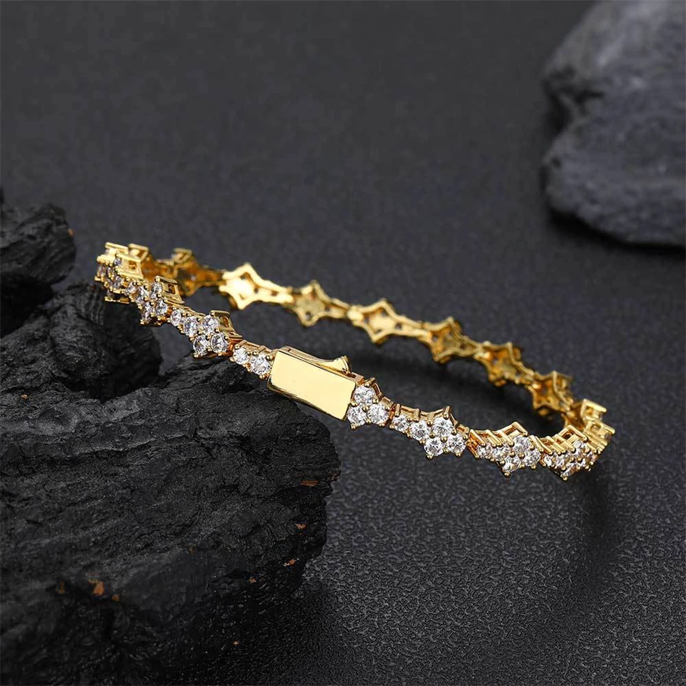 TrendMen Hiphop Rock Four Leaf Clover Zirconia Copper Tennis Bracelets For Men Bro Gold Color Metal Crystal Wristlet Jewelry