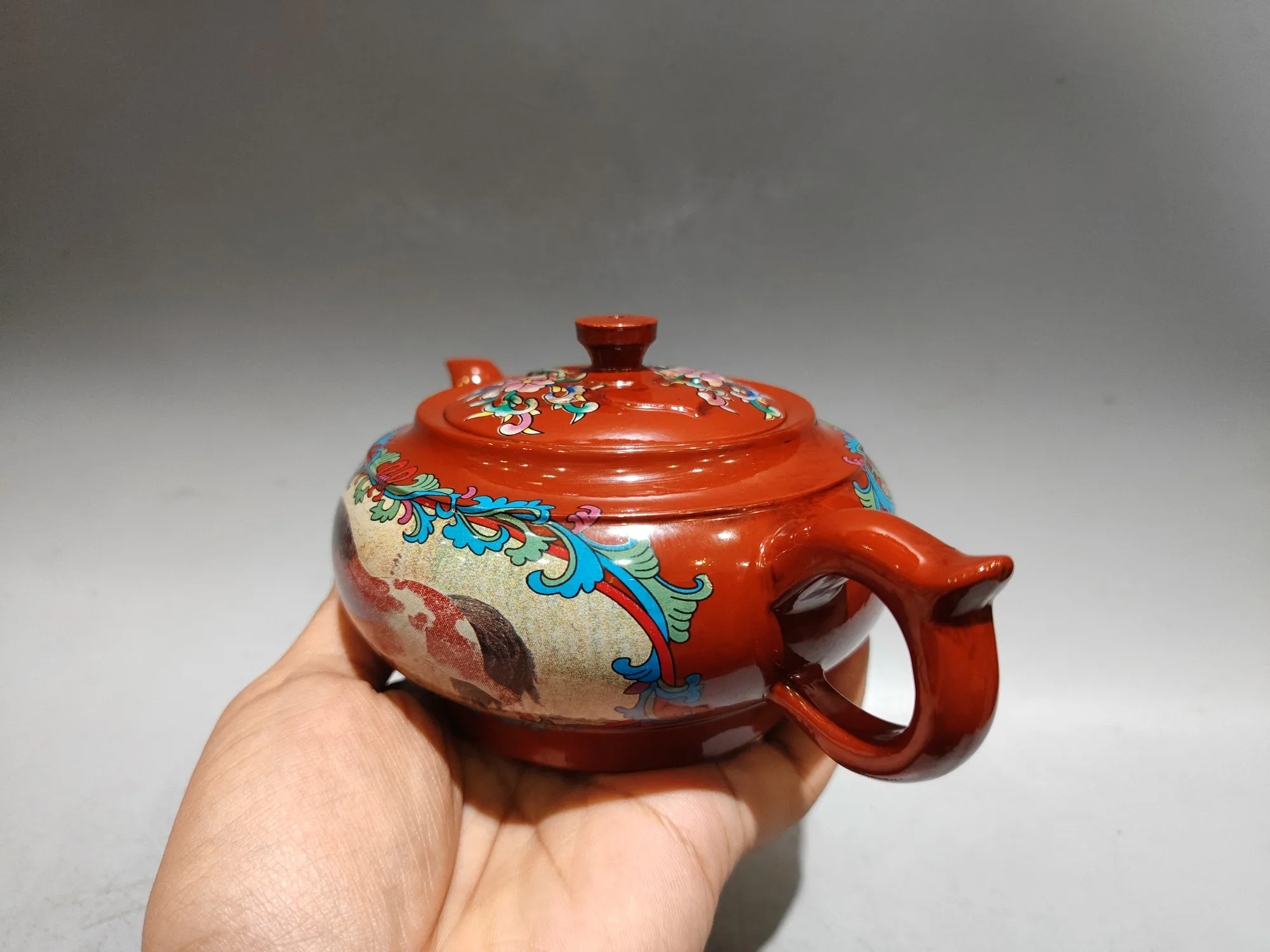 Old Yixing Purple Clay Teapot Raw Red Clay Colored drawing Horse pattern Ruyi Water Flat Pot Kettle Teapot Flagon