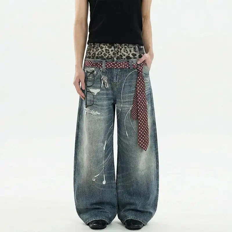 3D Tiger Print Jeans American Street Style 2026 For Men Double Waist Design Cool Stylish Men's Fashion Designer Wide Loose Denim