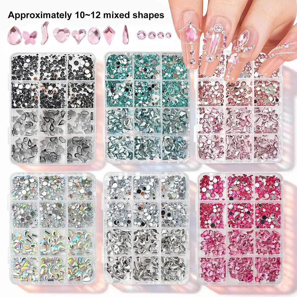 

12Grids 3D Champagne Gold Nail Art Rhinestones Multi-Shapes Flatback Crystal Diamond Nail Charming For DIY Nail Tips Decorations