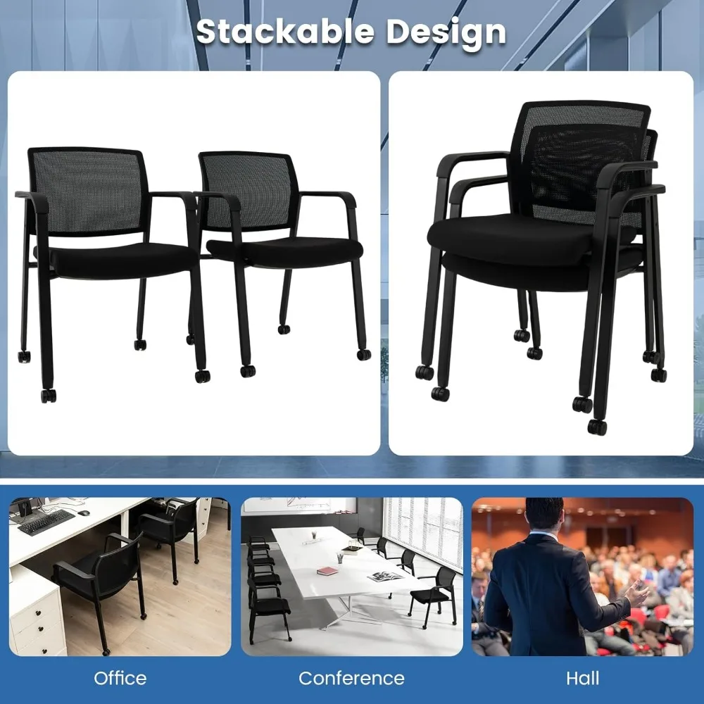 Conference Chairs Set of 6 with Armrests and PU Wheels, Stackable Office Guest Mesh Chair, Rolling Conference Chairs