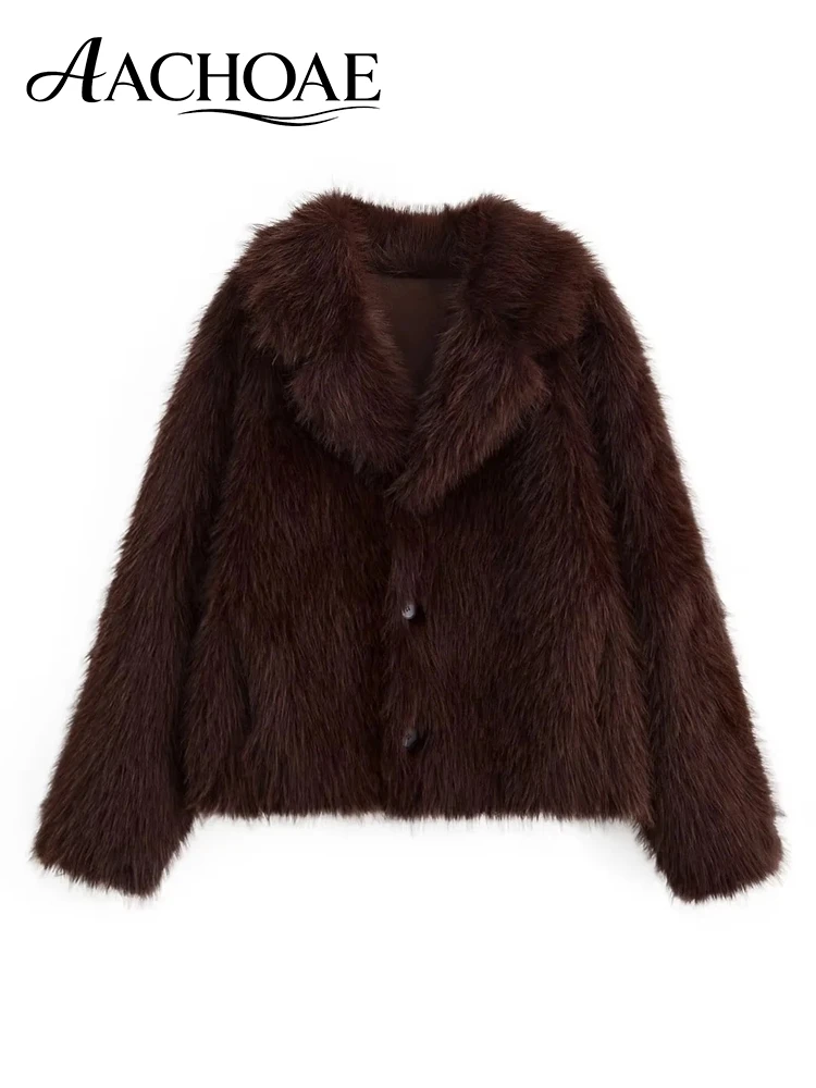 AACHOAE Women Reversible Faux Fur Jacket Winter Double Sided Fluffy Coat Lapel Collar Long Sleeve Cropped Faux Suede Outerwear