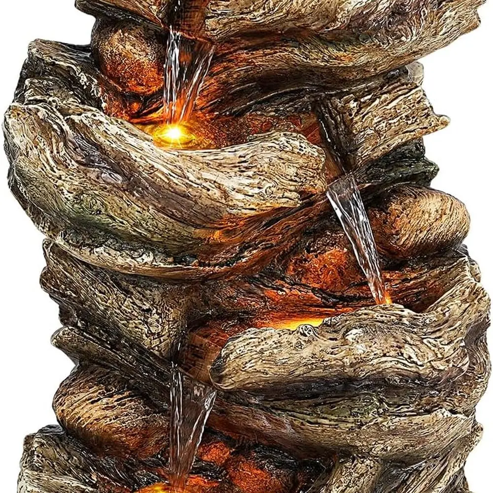 

5-Tier Cascading Rock Fountain with LED Lights, Natural Wood-Style Wall for Outdoor Gardens and Patios