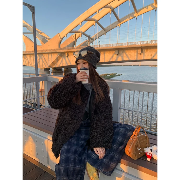 

Bla Lamb Fur Jaet ort Women's Coat 2024 Autumn Winter Thiened Commute Sle Pure Color round Ne Button Closure