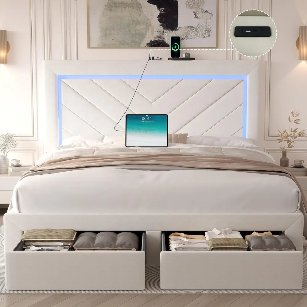 

Queen Size Bed Frame with Adjustable Headboard and 2 Storage Drawers, RGB LED Lights and Charging Station, Bed Frame