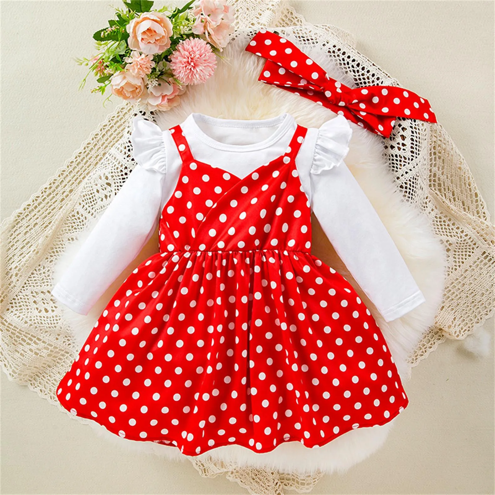 

3pcs Baby Girls Clothes Sets Autumn Fashion White Long Sleeve T Shirt+Polka Dot Print Sleeveless Ruffle Dress & Headband Set