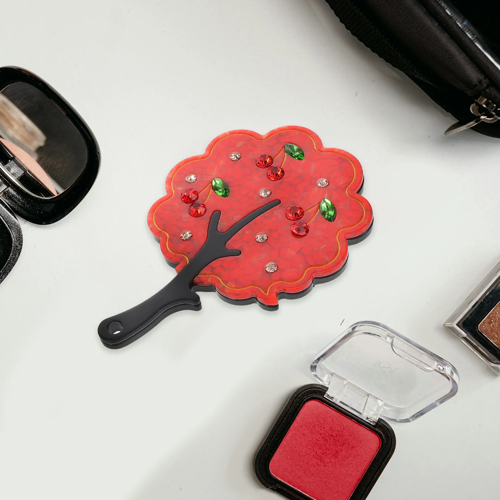 Tragbarer Mini-Spiegel aus Acetat, klar, Baumform, Strass, kompakt, für Damen und Kinder, Make-up, Reisen, kleiner Retro-Handspiegel