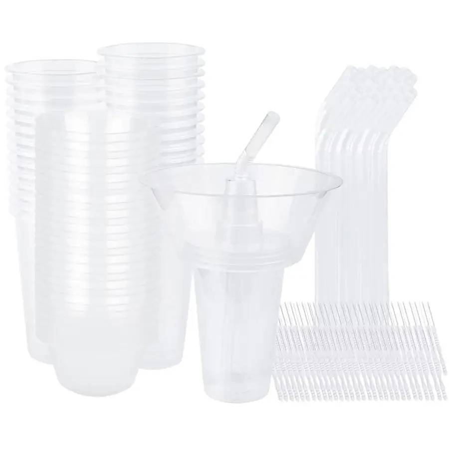 

and Drink Cup, 30 Sets Disposable Plastic Cup with Snack Bowl on Top Includes 30 Cups, 30 Bowls, 30 Straws, 60 Forks for Party,