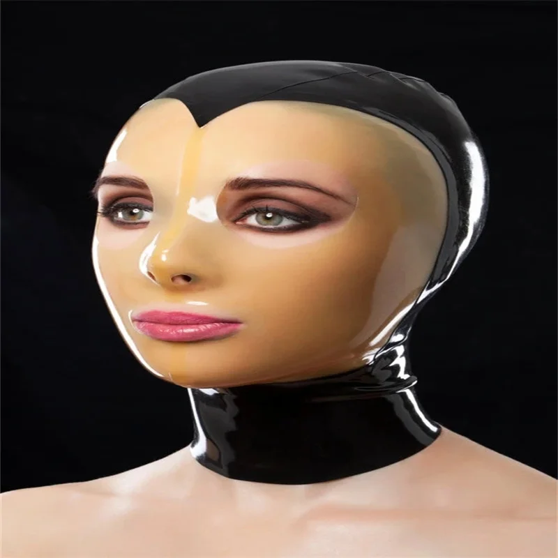 Sexy Latex Haube Gummi Maske Schwarz mit Transparent Offenen Augen Mund Halloween Cosplay Kostüme für Männer Frauen