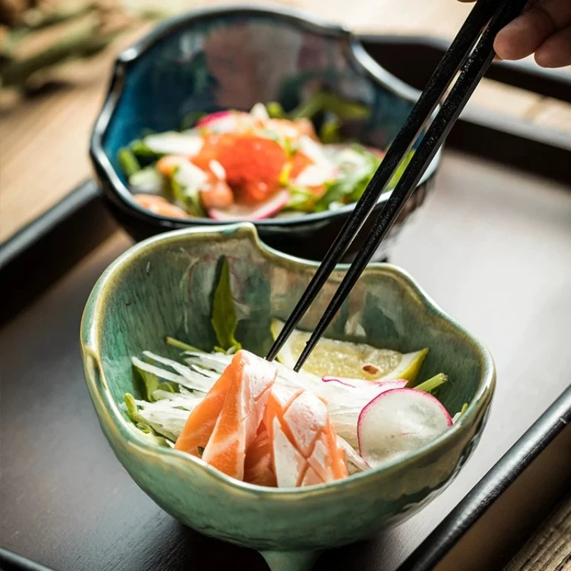 Japanese Style Tall Stem Irregular Ceramic Bowl Special Salad Fruit Dessert Appetizer Bowl Unique Japanese Cuisine Tableware