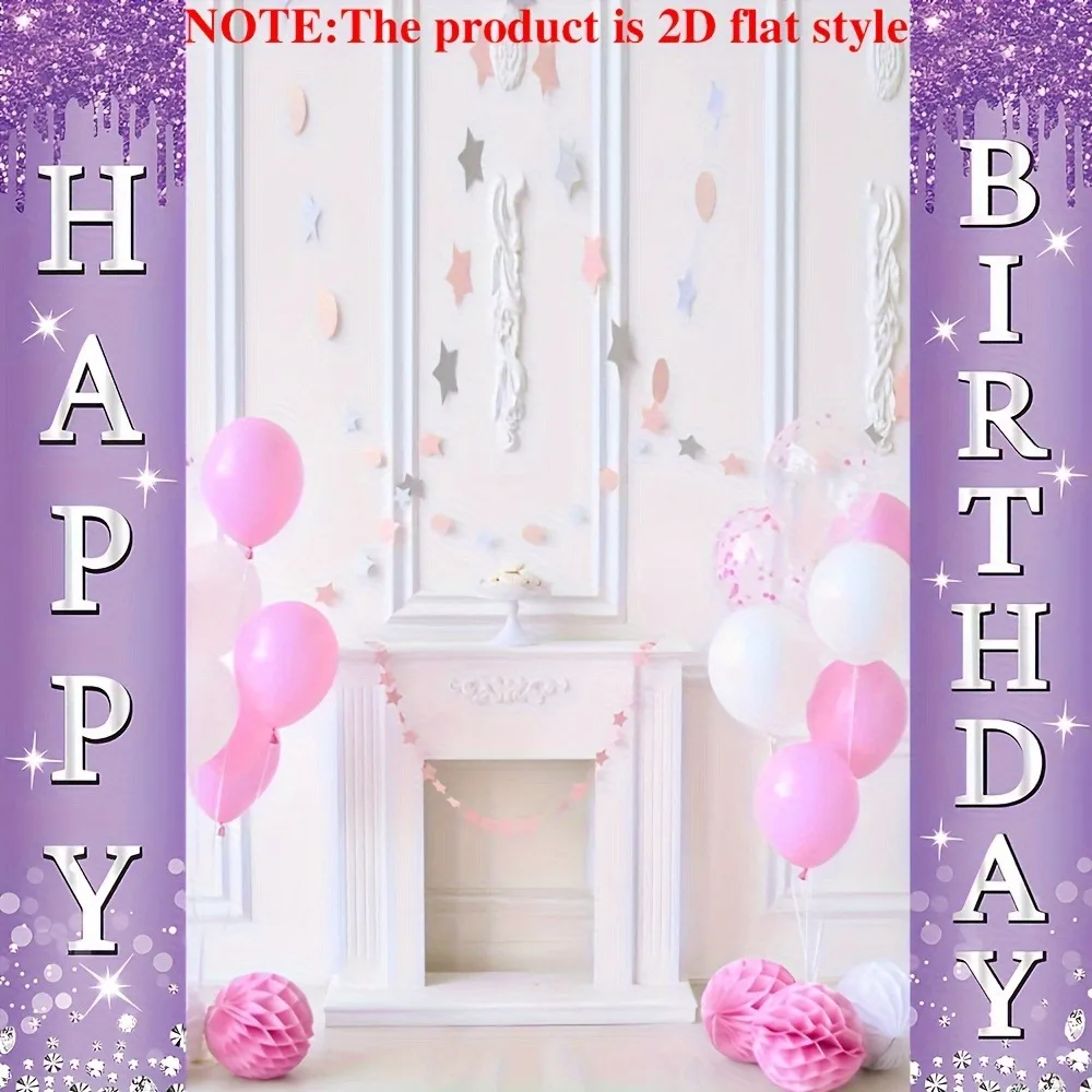 Dreamy Purple Glitter Happy Birthday Porch Banners, Outdoor Birthday Party Door Couplets with Sparkle Drip Snowflake Decor