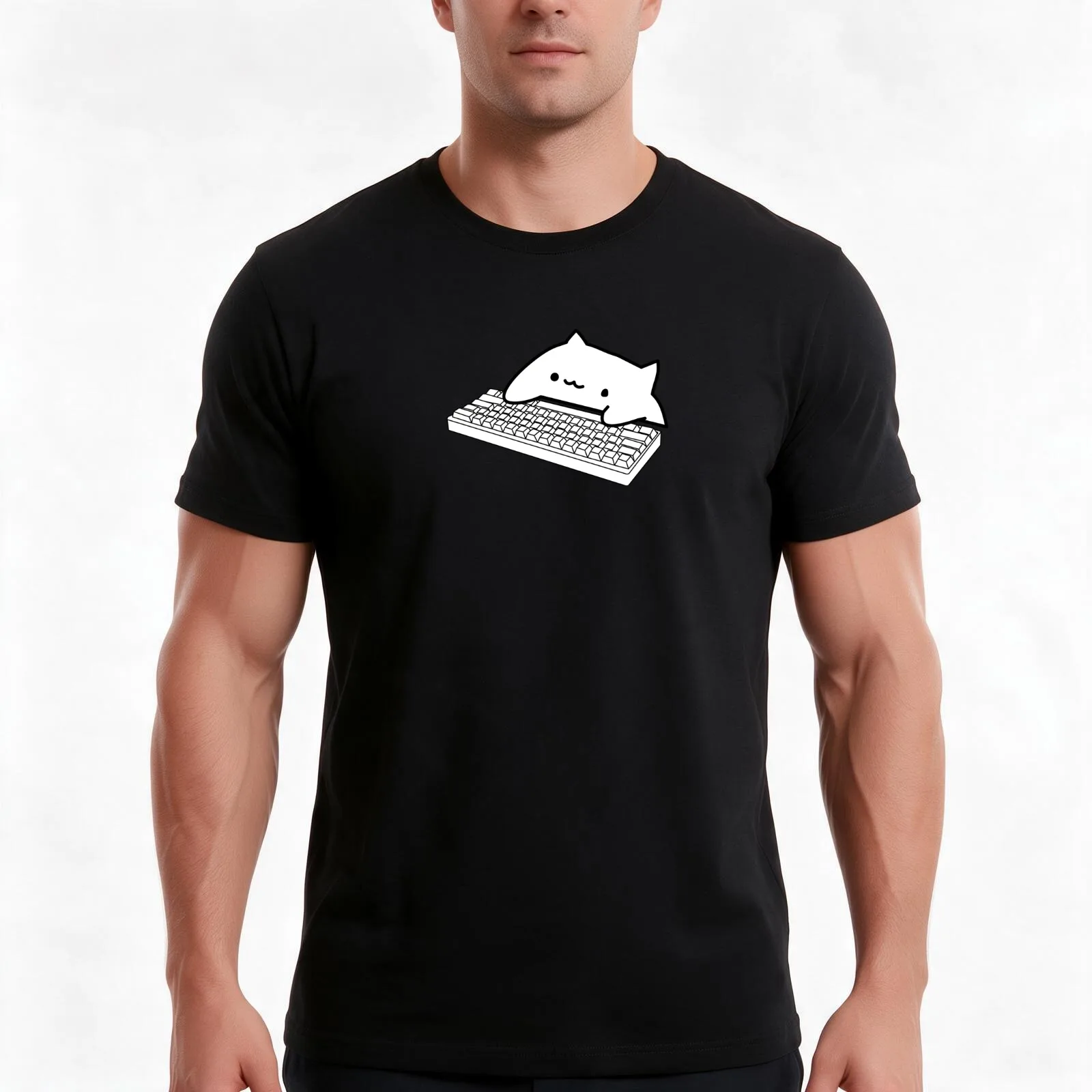 Bongo Cat Mechanical Keyboard T-Shirt, Summer Casual Cotton Tee, Oversized Streetwear Tops, Vintage Graphic Print, 100% Cotton