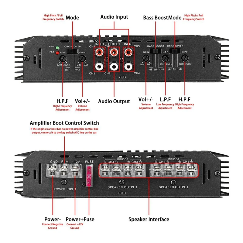 6800W 4-kanałowy 4-kierunkowy wzmacniacz samochodowy 12V o dużej mocy do modyfikacji samochodowego sprzętu audio 4-kierunkowy wzmacniacz