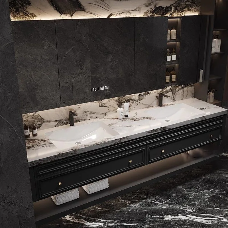 

French solid wood rock slab hot bending integrated double basin bathroom cabinet combined bathroom wash basin washbasin cabinet