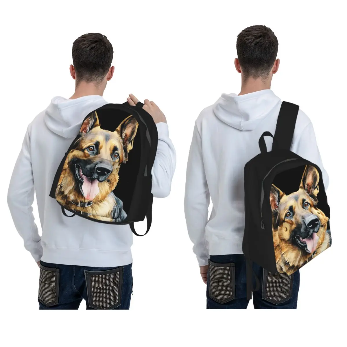 Watercolor German Shepherd Backpack Daypack Large Capacity Children BookBag School Bag Shoulder Bags for Men Women