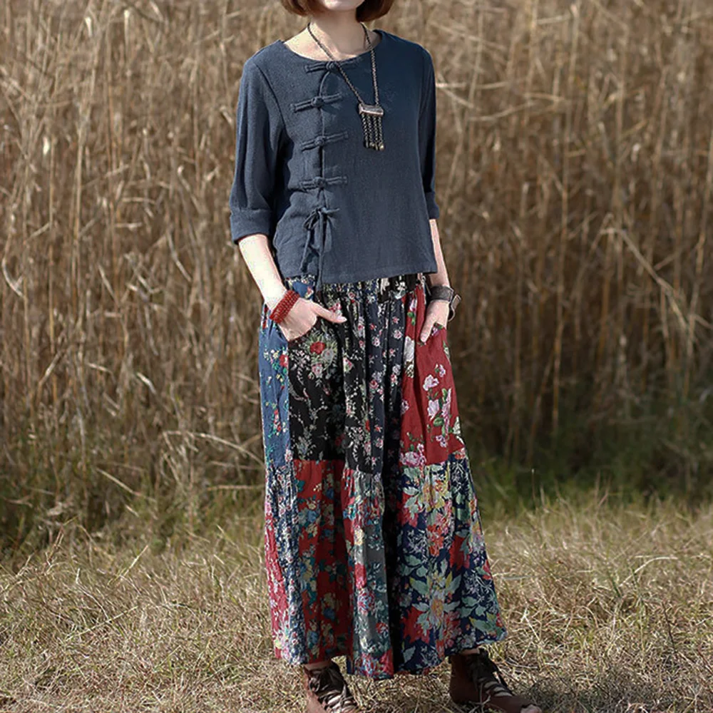 فستان نسائي طويل من القطن مُزين بنقشة الزهور، لون بوهيمي، فريد من نوعه، ماكسي متعدد الألوان، تنورة خصر مطاطية، فضفاضة كاجوال للربيع والصيف #3