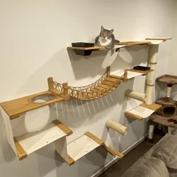 Wall Mounted Cat Climbing Wood Shelves Cat Hammock with Jumping Platform or Scratching Post for Cat Playing and Sleeping