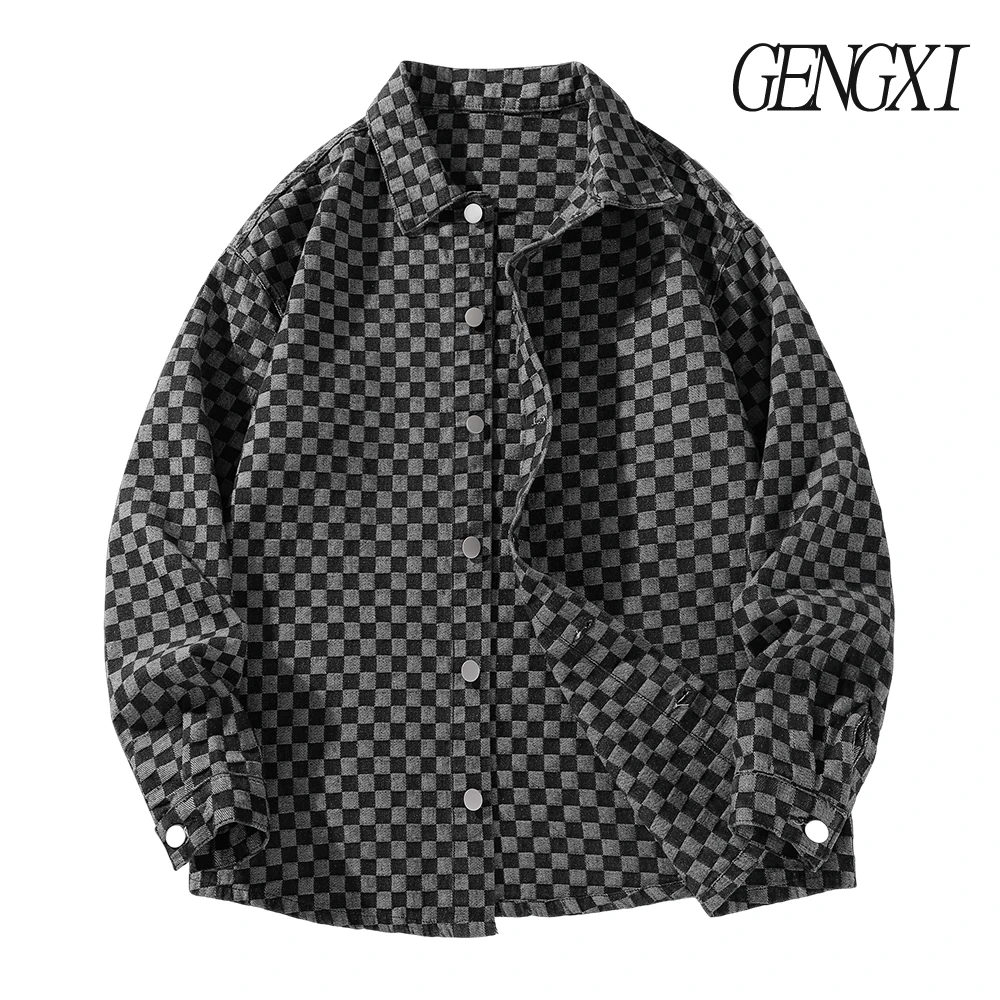 

Men's checkered design denim jacket Autumn/winter new high street single-breasted lapel shirt jacket Retro style men's clothing