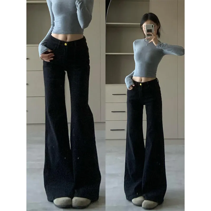 American Black Micro Flared Jeans, Women's Spring and Autumn New Style, Loose and Low Waisted Casual Floor Pants